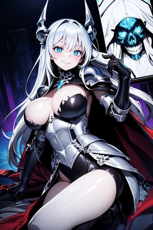 (masterpiece), (best quality), (detailed), {{illustration}}  {{{ knight girl, dark knight, dark armor, skull helmet, sinister, specter, archmage, skulls, torn cape, undead, white skin, long hair, blue eyes, villainous smile, bluish skin, spectral energy, cursed sword, ice magic, snowy wasteland, night, skeleton knight, skeleton horse, rider, night }}} {best quality}, {{hi res}}