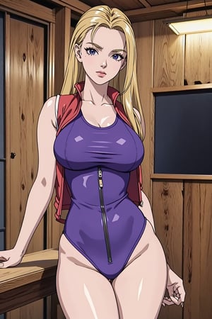 1 realistic girl, caucasian girl, photorealistic, dynamic view, teen girl, full body, 16 years old, (beautiful detailed eyes), ((best quality)), ((highly detailed)), <big milkers> big breasts, (( (perfect detail, perfect photo))), 1girl, (masterpiece:1.3), (high resolution), (8K), (extremely detailed), (4k), masterpiece, best quality, masterpiece, best quality, high resolution, sports suit, purple leotard, red vest jacket, open vest, long blonde hair, dark eyes, thick legs, Japanese dojo