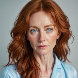 close up portrait of a skinny ginger Irish woman MILF age 50th in pajamas, long curly hair blue eyes strong color contrast and high detail