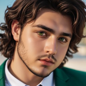 close up portrait of a young fat handsome Turkish man age 18th in formal clothing, curly hair, green eyes strong color contrast and high detail