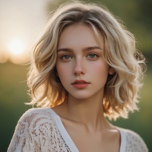 close up portrait of a cute blonde Russian girl age 18th in boho clothing, short curly hair hazel eyes strong color contrast and high detail