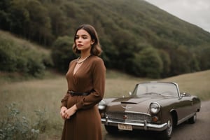 HQ photography, sharp focus, Instagram photography, influencer, moody photography, close up cinematic, movie still,

 a beautiful girl  standing beside a vintage car in a natural, mountainous setting. She is dressed in a brown cream dark academia outfit and a pearl necklace, suggesting a setting that is formal or reminiscent of a bygone era. The car's design indicates it may be from the 1960s or 1970s. The woman's pose and expression convey a sense of contemplation or longing. The overcast sky and the lush greenery of the forested area add to the moody atmosphere of the scene.,cute face, young face, darkacademia,dark academia outfit,Rissa May,photorealistic