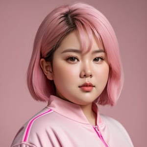close up portrait of a fat asian girl age 6th in sports clothing, short pink straight hair  strong color contrast and high detail