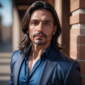close up portrait of a muscular blue_eyed handsome Mexican man age 45th in edgy clothing, long wavy hair, blue eyes strong color contrast and high detail
