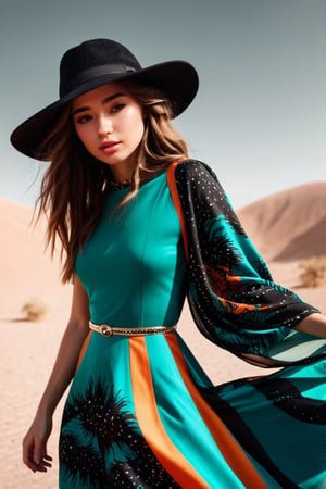 ((masterpiece, best quality)), absurdres, (Photorealistic 1.2), sharp focus, highly detailed, top quality, Ultra-High Resolution, HDR, 8K, epiC35mm, film grain, moody photography, (color saturation:-0.4), fashion photography, cybr-xl, cybr, orange teal color palette, fp1, back lit,

a (((close-up portrait))) photo of a hipster girl, 21 years old, dramatic pose, hair on the wind, bangs, wide brim hat,  avant garde dress, printed dress, in a desert, ,ohwx