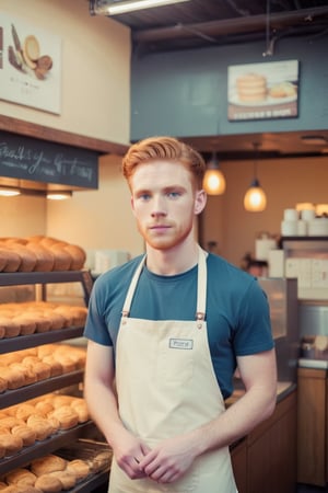 ((masterpiece, best quality)), absurdres, (Photorealistic 1.2), sharp focus, highly detailed, top quality, Ultra-High Resolution, HDR, 8K, epiC35mm, film grain, (color saturation:-0.4), moody hazy Volumetric Light, film grain, fp1,

a photo of a handsome ginger 25 years old man in the style of franck-bohbot, baker, apron, in a bakery, behind a bakery counter, male focus,