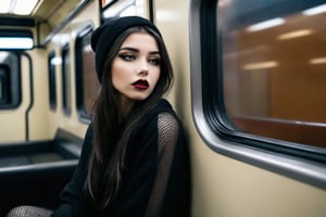 HQ photography, sharp focus, Instagram photography, influencer, moody photography,

 a goth girl is captured in a moment of contemplation. She sits alone on a train, her gaze directed out of the window, lost in thought. The dim lighting inside the train car adds a sense of introspection to the scene. Her attire is goth-chic, with Oversized black hoodie with graphic print, Black fishnet tights, Beanie hat, and Dark nail polish that complements her dark hair. The window serves as a frame within the frame, drawing attention to her thoughtful expression and the world outside. The overall atmosphere is one of solitude and reflection.,Gothic-chic style,ohwx, Mila Azul,