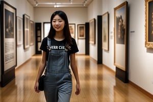 Beautiful cute Chinese college girl walking through a museum, wearing a overalls and t-shirt, perfect body, beautiful hair 