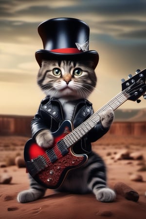 A stunning 64K photo of a realistic cute tabby cat, dressed as GuNs N' Roses Slash, leather jacket, top hat,  playing an electric guitar in the middle of the dessert, award-winning photography, hyper detailed, hyper realistic, masterpiece