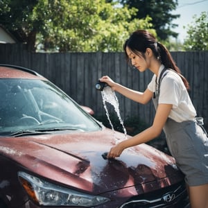 ((masterpiece, best quality)), absurdres, (Photorealistic 1.2), sharp focus, highly detailed, top quality, Ultra-High Resolution, HDR, 8K, epiC35mm, film grain, moody photography, (color saturation:-0.4), lifestyle photography,

Young Japanese woman washing a car, 