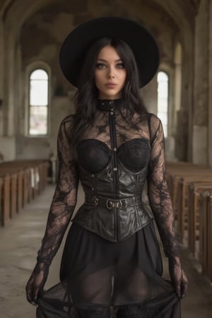 cinematic photo, HQ photography, (((realistic photo))),Cute black-haired brittish girl, standing in an abandoned church, skinny body, violet eyes, corset dress, lace gloves, wide brim hat, gothic-chic_style,aidmaNSWFunlock