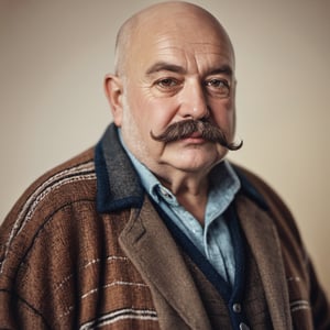close up portrait of a fat French man age 70th in boho clothes, bald no_hair moustache, brown eyes strong color contrast and high detail