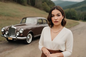 HQ photography, sharp focus, Instagram photography, influencer, moody photography, close up cinematic, movie still,

 a beautiful girl  standing beside a vintage car in a natural, mountainous setting. She is dressed in a brown cream dark academia outfit and a pearl necklace, suggesting a setting that is formal or reminiscent of a bygone era. The car's design indicates it may be from the 1960s or 1970s. The woman's pose and expression convey a sense of contemplation or longing. The overcast sky and the lush greenery of the forested area add to the moody atmosphere of the scene.,cute face, young face, darkacademia,dark academia outfit,Rissa May