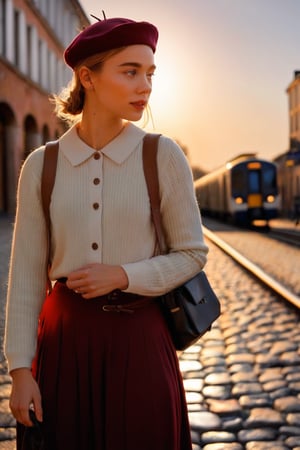 HQ photography, sharp focus, Instagram photography, influencer, moody photography,

The image presents a girl standing on a cobblestone street during the golden hour, warm sunlight bathing the scene. train in the background. The train, with its yellow front and dark body, is stationary and contributes to the urban atmosphere of the photograph. The lighting suggests the photo was taken at sunset, adding a serene quality to the image. contemporary setting. Cream knit cardigan, Burgundy pleated midi skirt, White blouse with a peter pan collar, Wool beret, Leather backpack,darkacademia,dark academia outfit,dbrhwll woman, Deborah Ann Woll,