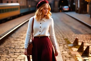 HQ photography, sharp focus, Instagram photography, influencer, moody photography,

The image presents a girl standing on a cobblestone street during the golden hour, warm sunlight bathing the scene. train in the background. The train, with its yellow front and dark body, is stationary and contributes to the urban atmosphere of the photograph. The lighting suggests the photo was taken at sunset, adding a serene quality to the image. contemporary setting. Cream knit cardigan, Burgundy pleated midi skirt, White blouse with a peter pan collar, Wool beret, Leather backpack,darkacademia,dark academia outfit,dbrhwll woman, Deborah Ann Woll,