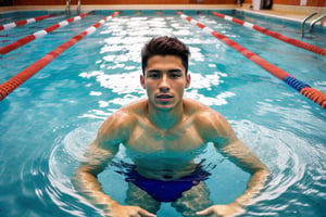 Handsome young Colombian swimming in a public pool, 