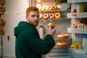 ((masterpiece, best quality)), absurdres, (Photorealistic 1.2), sharp focus, highly detailed, top quality, Ultra-High Resolution, HDR, 8K, epiC35mm, film grain, moody photography, (color saturation:-0.4), lifestyle photography,

(((short))) (((Handsome))) Ginger Irish man getting a donut from the refrigerator, photorealistic, ,al3xt4nn3r