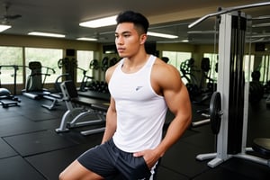 Handsome young Polynesian man wearing sportswear, working out in a gym