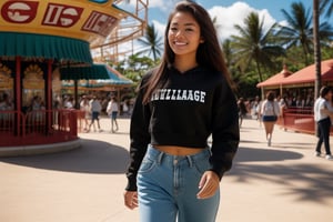 Beautiful cute Polynesian college girl walking in a busy amusement park, wearing pants and a sweatshirt, perfect body, small boobs, wide hips, beautiful hair 