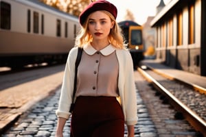 HQ photography, sharp focus, Instagram photography, influencer, moody photography,

The image presents a girl standing on a cobblestone street during the golden hour, warm sunlight bathing the scene. train in the background. The train, with its yellow front and dark body, is stationary and contributes to the urban atmosphere of the photograph. The lighting suggests the photo was taken at sunset, adding a serene quality to the image. contemporary setting. Cream knit cardigan, Burgundy pleated midi skirt, White blouse with a peter pan collar, Wool beret, Leather backpack,darkacademia,dark academia outfit,dbrhwll woman, Deborah Ann Woll,