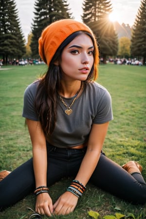 ((masterpiece, best quality)), absurdres, (Photorealistic 1.2), sharp focus, highly detailed, top quality, Ultra-High Resolution, HDR, 8K, epiC35mm, film grain, (color saturation:-0.4), green orange white color palette,moody hazy Volumetric Light, film grain, hipster girl, fp1,

Fashion photoshoot, a cute college girl in a park, ,lying on her stomach, on the grass, MaggieXL, jeans, t-shirt, beanie, multiple bracelets, multiple rings, multiple necklaces,