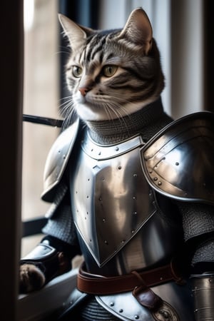 A stunning 64K photo of a realistic cute tabby cat, dressed as a medieval knight, silver armor, sword and shield, standing on the window ready to defend his house, award-winning photography, hyper detailed, hyper realistic, masterpiece