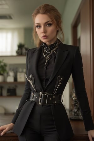 cinematic photo, HQ photography, (((realistic photo))),Cute ginger Irish girl, standing in her office, green eyes, skinny body, sleek business suit, goth belt, multiple rings, multiple necklaces, collar shirt, gothic-chic_style,aidmaNSWFunlock