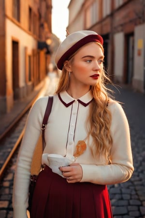 HQ photography, sharp focus, Instagram photography, influencer, moody photography,

The image presents a girl standing on a cobblestone street during the golden hour, warm sunlight bathing the scene. train in the background. The train, with its yellow front and dark body, is stationary and contributes to the urban atmosphere of the photograph. The lighting suggests the photo was taken at sunset, adding a serene quality to the image. contemporary setting. Cream knit cardigan, Burgundy pleated midi skirt, White blouse with a peter pan collar, Wool beret, Leather backpack,darkacademia,dark academia outfit,dbrhwll woman, Deborah Ann Woll,