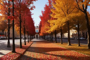 Beautiful touristic European downtown Piazza in autumn, red leaves

