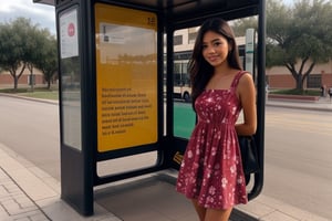 Beautiful cute Mexican college girl standing at a bus stop, wearing flowered sundress, perfect body, small boobs, beautiful hair 