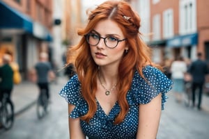 HQ photography, sharp focus, Instagram photography, influencer, moody photography,

young woman with red hair. She is dressed in a blue dress adorned with small white dots and ruffled sleeves, adding a playful touch to her attire. The background, though blurred, suggests an urban setting with parked bicycles and indistinct figures that give a sense of life and movement. The woman's stance and the direction of her gaze imply she is walking away from the camera, adding a sense of mystery to the scene.,Ellyclutch,hipster girl,glasses, multiple necklaces, multiple rings, multiple bracelets, arm tattoo,