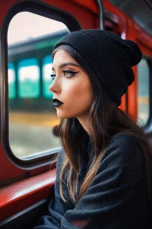 HQ photography, sharp focus, Instagram photography, influencer, moody photography,

 a goth girl is captured in a moment of contemplation. She sits alone on a train, her gaze directed out of the window, lost in thought. The dim lighting inside the train car adds a sense of introspection to the scene. Her attire is goth-chic, with Oversized black hoodie with graphic print, Black fishnet tights, Beanie hat, and Dark nail polish that complements her dark hair. The window serves as a frame within the frame, drawing attention to her thoughtful expression and the world outside. The overall atmosphere is one of solitude and reflection.,Gothic-chic style,ohwx, Mila Azul,