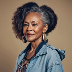 a African woman age 65th in casual clothing, long curly hair  strong color contrast and high detail