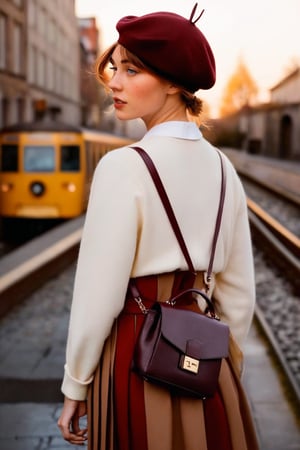 HQ photography, sharp focus, Instagram photography, influencer, moody photography,

The image presents a girl standing on a cobblestone street during the golden hour, warm sunlight bathing the scene. train in the background. The train, with its yellow front and dark body, is stationary and contributes to the urban atmosphere of the photograph. The lighting suggests the photo was taken at sunset, adding a serene quality to the image. contemporary setting. Cream knit cardigan, Burgundy pleated midi skirt, White blouse with a peter pan collar, Wool beret, Leather backpack,darkacademia,dark academia outfit,dbrhwll woman, Deborah Ann Woll,