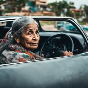 ((masterpiece, best quality)), absurdres, (Photorealistic 1.2), sharp focus, highly detailed, top quality, Ultra-High Resolution, HDR, 8K, epiC35mm, film grain, moody photography, (color saturation:-0.4), lifestyle photography,

Old Indian woman driving a car, grey hair, wrinkled face,(Mia Khalifa:0.4)