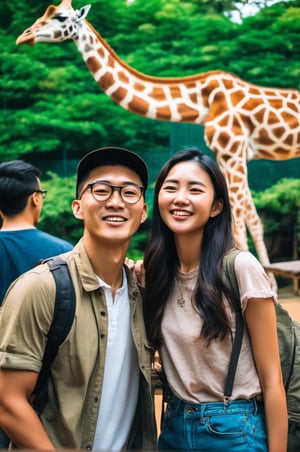 ((masterpiece, best quality)), absurdres, (Photorealistic 1.2), sharp focus, highly detailed, top quality, Ultra-High Resolution, HDR, 8K, epiC35mm, film grain, moody photography, (color saturation:-0.4), lifestyle photography,

Young Asian couple talking a selfie in a zoo using the giraffe habitat as background, casual style,