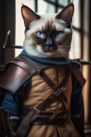 A stunning 64K photo of a realistic cute chubby siamese cat, dressed as a medieval archer, standing on a window with his bow and arrow, award-winning photography, hyper detailed, hyper realistic, masterpiece