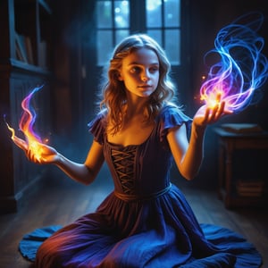 photo r3al, 1girl casting spells, colorful glowing energy flows, fantasy, masterpiece, best quality, dark room, dim light