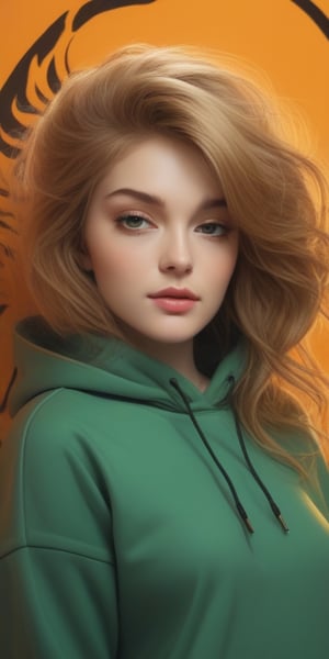 (masterpiece, high quality, 8K, high_res:1.5), 
brilliant merge cartoon drawning style and photorealism, hand-drawn fashion photography,
portrait of an incredibly beautiful woman, (((tiger color hair))), golden green eyes,
clothing \orange oversized hoodie with black ornament, black leather pants\,
art studio background, neon lighting enviroment, sensual and elegant,
unexpectable camera angle, model pose, trending on teenagers magazines and social media.
,fflixmj6