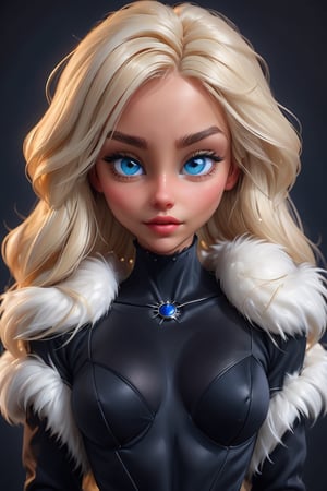 ((masterpiece, best quality)), absurdres, (Photorealistic 1.2), sharp focus, highly detailed, top quality, Ultra-High Resolution, HDR, 8K,  epiC35mm, film grain, upper body shot,

photo of pretty woman, 21 year old platinum blonde woman, Black Cat from Spider-Man,

(((wearing black fur jumpsuit, white fur collar))),

 (freckles:0.4), voluptuous body, wide hips, pale skin, long platinum blond hair,   photo of perfect eyes, blue eyes, 