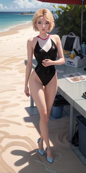 Girl,blond_hair,short-hair,blueeyes,bathing_suit,full_body,fit,bathing_suit,ahe_gao,beach,high quality,gwen stacy, black pantyhose, high heels, long legs