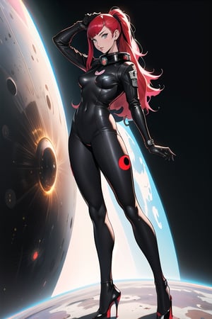 girl, masterpiece, art and concept art, hyper detailed, high resolution, Persona 5,Space Girl 1970s,Rebel Moon extremely detailed,asian girl, black pantyhose, full body, high heels, space girl, sun , sonny, space suit,