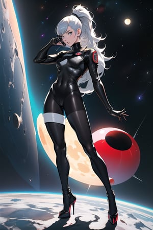 girl, masterpiece, art and concept art, hyper detailed, high resolution, Persona 5,Space Girl 1970s,Rebel Moon extremely detailed,asian girl, black pantyhose, full body, high heels, space girl, sun , sonny, white upper body space suit, ponytail, full body pantyhose, long hair
