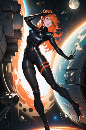 girl, masterpiece, art and concept art, hyper detailed, high resolution, Persona 5,Space Girl 1970s,Rebel Moon extremely detailed,asian girl, black pantyhose, full body, high heels, space girl, sun , sonny, white upper body space suit, orange hair, full body pantyhose