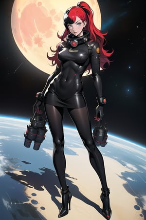 girl, masterpiece, art and concept art, hyper detailed, high resolution, Persona 5,Space Girl 1970s,Rebel Moon extremely detailed,asian girl, black pantyhose, full body, high heels, space girl, sun , sonny, space suit,