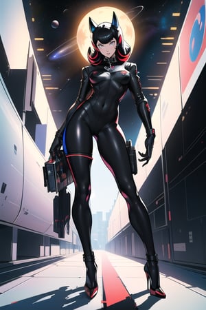 girl, masterpiece, art and concept art, hyper detailed, high resolution, Persona 5,Space Girl 1970s,Rebel Moon extremely detailed,asian girl, black pantyhose, full body, high heels, space girl, sun , sonny, space suit