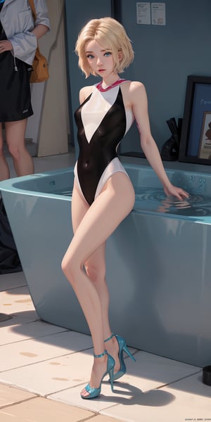 Girl,blond_hair,short-hair,blueeyes,bathing_suit,full_body,fit,bathing_suit,ahe_gao,beach,high quality,gwen stacy, pantyhose, high heels