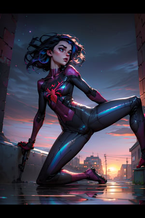 (masterpiece:1.1), (highest quality:1.1), (HDR:1.3), absurdres, highres, best quality, 1girl (dark skinned girl), victorian, buildings, nighttime, scenery, dusk, colorful clouds, dark, stars, reflection, (iridescent:1.5), full body, clouds, silhouette, spider suit,
