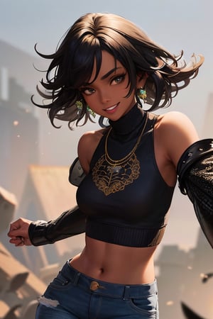 masterpiece, best quality, a dark skinned black woman wearing a detailed green turtle neck sweater with an intricate black leather jacket with blue jeans at a street party at night, angular afro haircut, jacket off one shoulders, midriff, smile, teeth, insane ultra hires, extreme intricate details, tooth gap, round ass, big nose, (full nose:1.3), face shadow

HDR, natural lighting, volumetric shading, dynamic pose, Hyperrealistic, realistic lighting, dramatic shadows, hard focus, high contrast, dramatic perspective

dramatic shadows,
