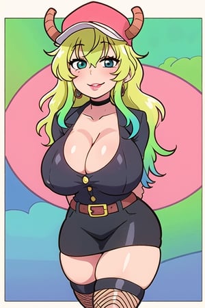 Lucoa_Quetzalcoatl, blonde_hair, masterpiece, best_quality, multicolored_hair, heterochromia, blue_eyes, 1girl, hoop_earrings, breasts, solo, police, earrings, full_body, high_heels, bursting_breasts, lipstick, jewelry, police uniform, makeup, hat, smiling, uniform, huge_breasts, thighhighs, policewoman, skirt, fishnets, cleavage, brown eyes, arms_behind_back, thighs, thick_thighs, fishnet_thighhighs, belt, curvy, miniskirt, lips, gradient, gigantic_breasts,Lucoa_Quetzalcoatl 